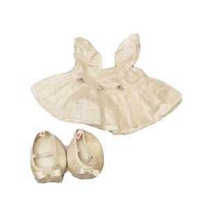 Build A Bear Workshop White Flowered Dress Silver Flowers Wedding Bridal Shoes